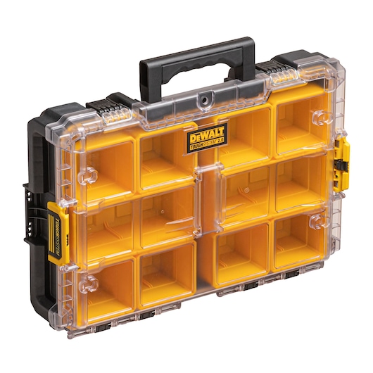 DEWALT ToughSystem 2.0 organizer case with yellow compartments and a clear lid.