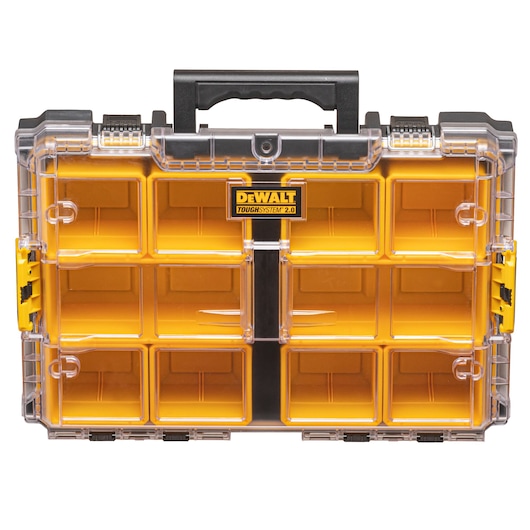 DEWALT ToughSystem 2.0 yellow organizer case with clear lid and twelve storage compartments.