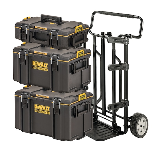 Three DEWALT ToughSystem 2.0 toolboxes stacked on a black rolling cart with large wheels.
