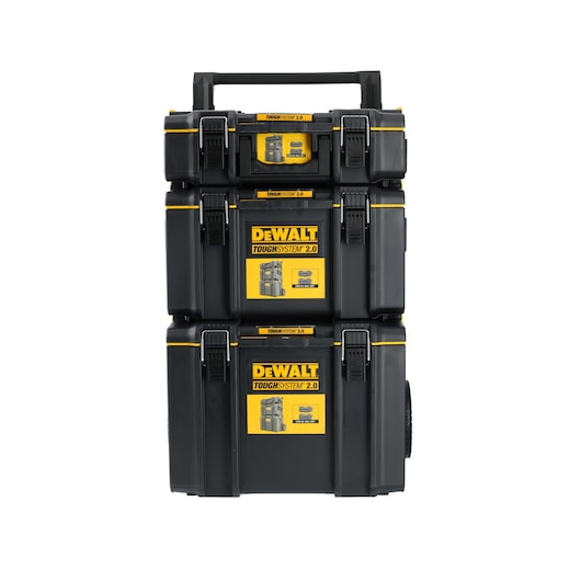 Stacked DEWALT ToughSystem 2.0 tool storage boxes with black and yellow labels, front view.