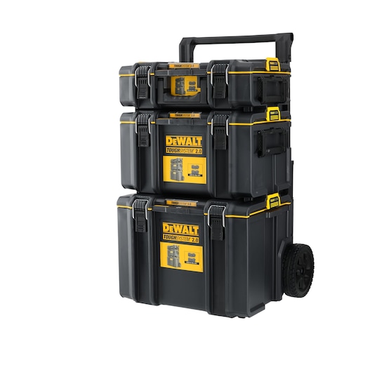 Three stacked DEWALT ToughSystem 2.0 toolboxes with wheels and handle, designed for secure portable storage.