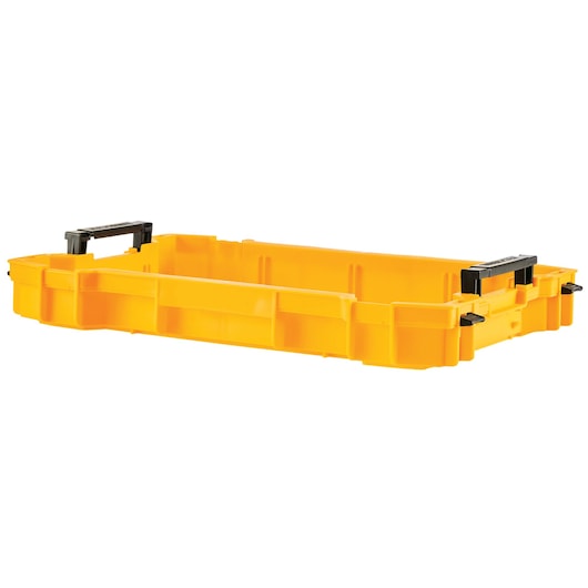 Yellow DEWALT shallow toolbox tray with black handles for storage and transport.