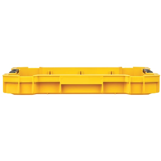 Yellow DEWALT tool case lid with two black latches shown against a white background.