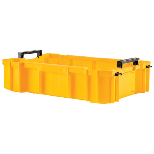 Yellow DEWALT storage box with black handles, open and empty, designed for organizing tools and accessories.