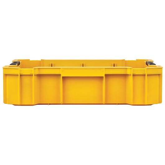 Yellow DEWALT storage box with black latches, shown from the front, suitable for tools or accessories.