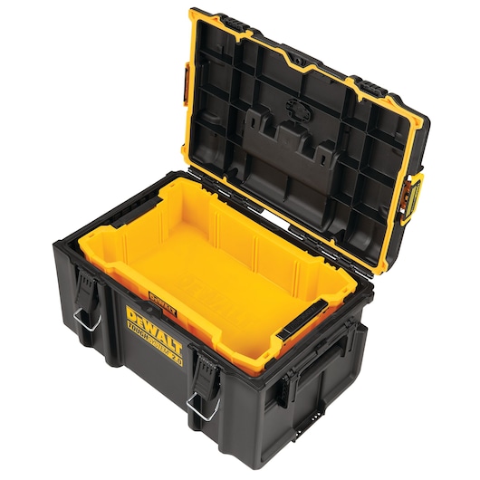 Open DEWALT black and yellow tool storage box with sturdy latches and removable tray.