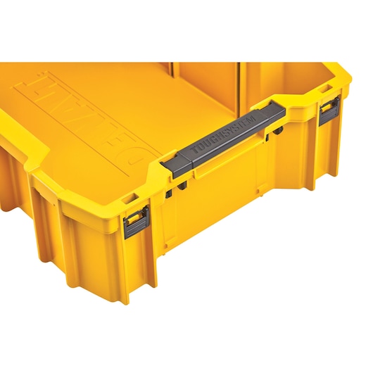 Yellow DEWALT ToughSystem storage box with black handle, shown open and empty.