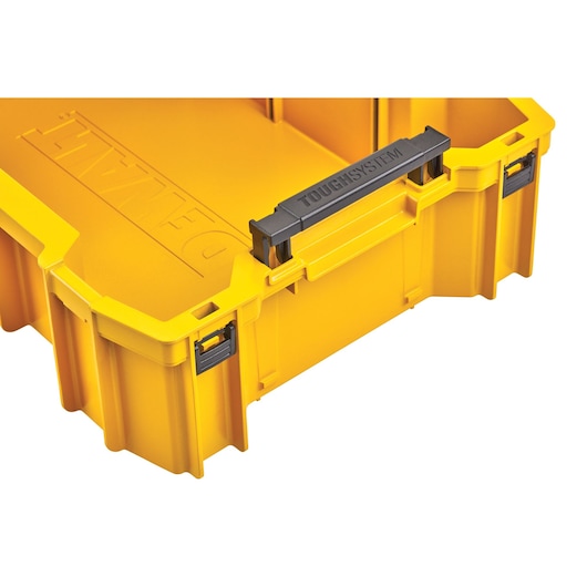 Yellow DEWALT ToughSystem toolbox with black handle and latches, shown open and empty.