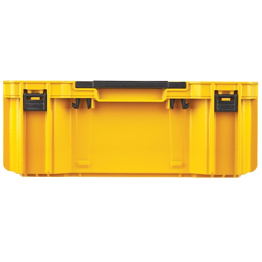 Yellow DEWALT tool box with black handle and latches, shown from the front against a white background.