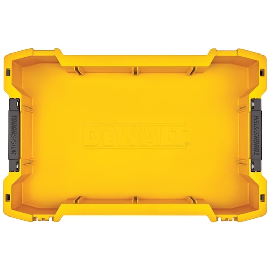 Yellow DEWALT ToughSystem toolbox lid with black side latches, photographed from above.