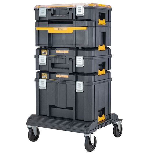 Stacked DEWALT black toolboxes with yellow latches on a wheeled trolley, designed for tool storage and transport.