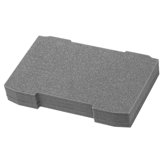 Rectangular grey foam insert with beveled edges, used for tool storage or protection inside DEWALT cases.