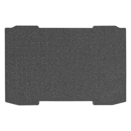 Rectangular black foam insert with cutouts, designed for tool storage and protection.