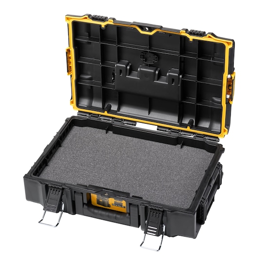 Open DEWALT tool case with foam insert, black and yellow, sturdy design, metal latches, suitable for equipment storage.