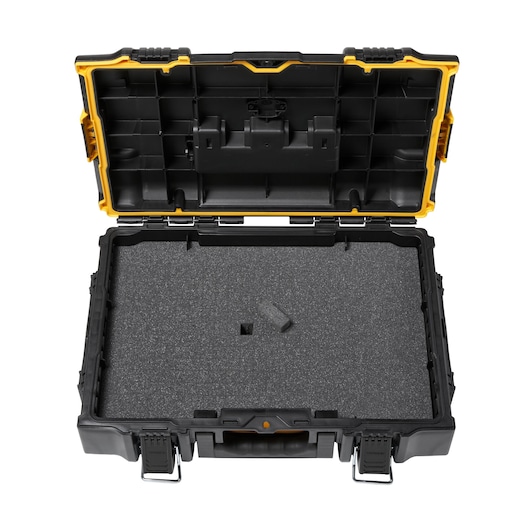 Open DEWALT tool case with foam insert, black with yellow accents, used for organized storage and protection.