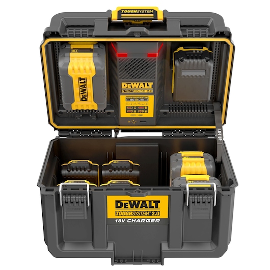 DEWALT ToughSystem 2.0 battery charger case with multiple battery slots and yellow-black design.