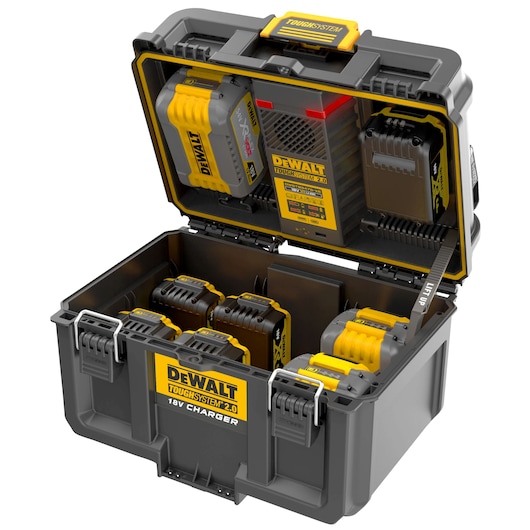 Open DEWALT ToughSystem 2.0 case with 18V charger and multiple batteries inside for tool storage and charging.