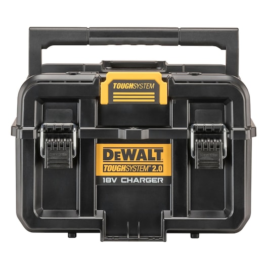 DEWALT ToughSystem 2.0 black tool box with 18V charger and sturdy handle.