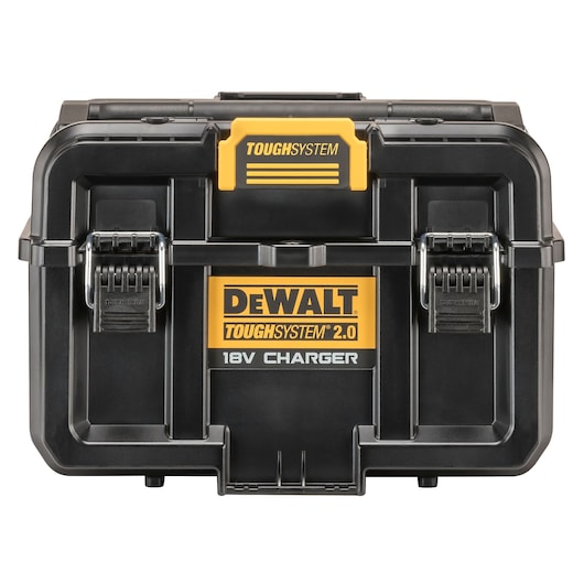 DEWALT Toughsystem 2.0 black tool case with yellow label for 18V charger, front view.