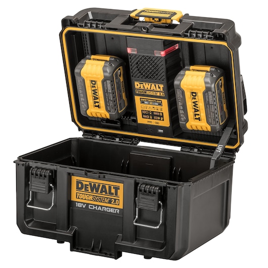 DEWALT ToughSystem 2.0 case with 18V charger and two batteries inside the open lid.