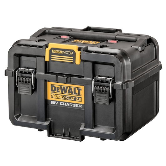 DEWALT ToughSystem 2.0 18V charger box, black with yellow accents and secure latches.