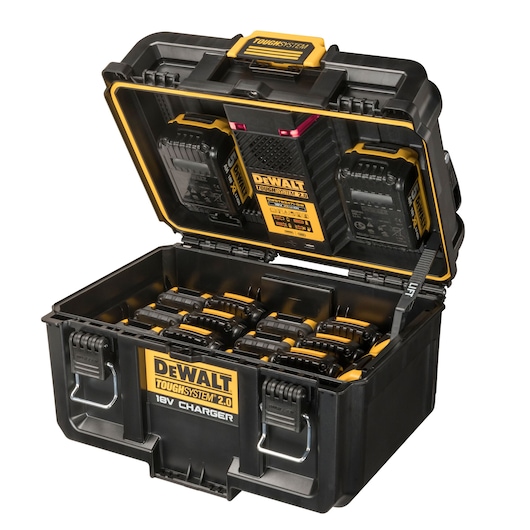 DEWALT ToughSystem 2.0 black storage box open, showing multiple battery chargers inside.