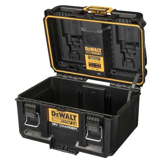 Open DEWALT Toughsystem 2.0 18V Charger storage box, black and yellow, with latches and handle.
