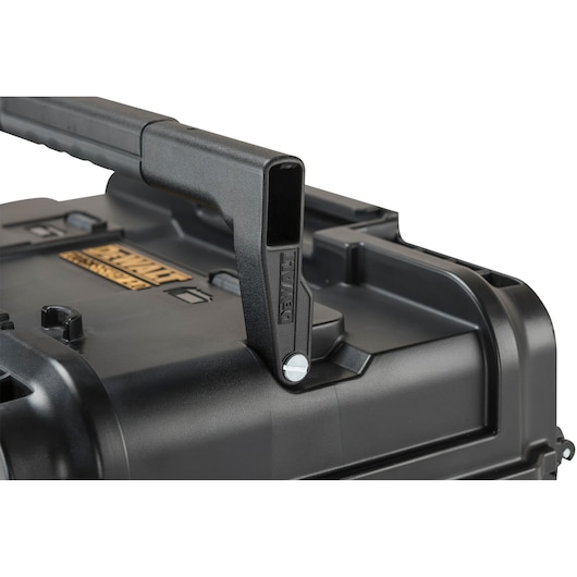 Close-up of a DEWALT black tool case with sturdy handle and logo visible on the lid.