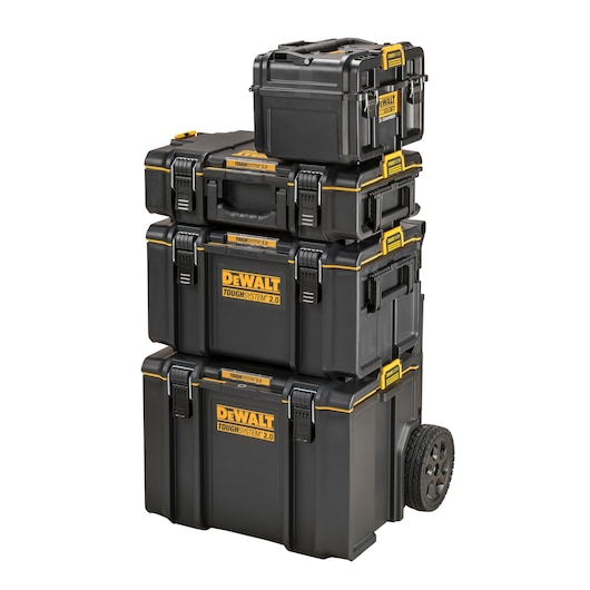 Stacked DEWALT ToughSystem 2.0 black toolboxes with yellow accents, including wheeled base unit.