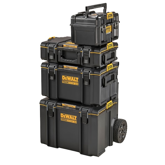 Stacked DEWALT ToughSystem 2.0 cases, black with yellow accents, featuring wheels and handles.