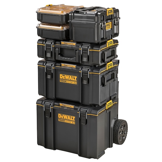 Stacked DEWALT ToughSystem 2.0 toolboxes with wheels and yellow accents, designed for storage and organization.