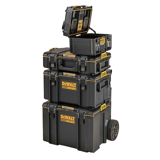 Stacked DEWALT ToughSystem 2.0 toolboxes on wheels, top box open, black cases with yellow accents.
