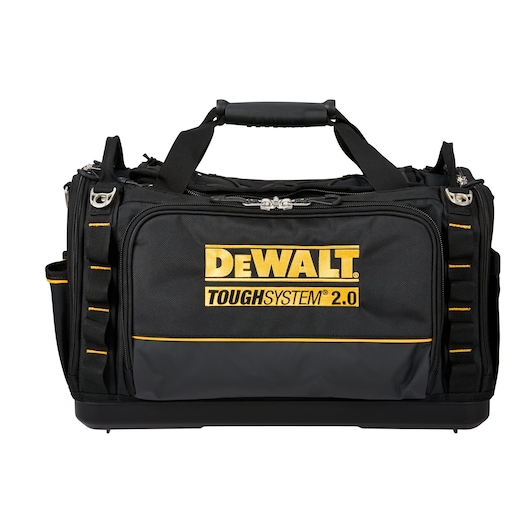 DEWALT ToughSystem 2.0 tool bag in black with yellow accents, featuring multiple compartments for storage.
