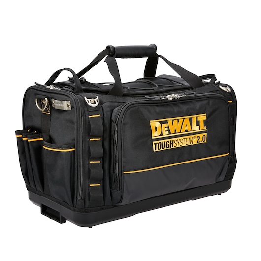 DEWALT ToughSystem 2.0 black tool bag with multiple pockets and sturdy handles.