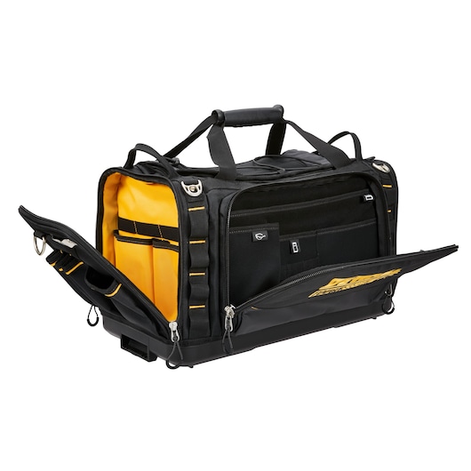 DEWALT tool bag with open compartments, black and yellow, durable handles and zippered pockets.