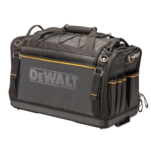 Black DEWALT tool bag with side pockets, handles, and durable base, designed for carrying photography gear.