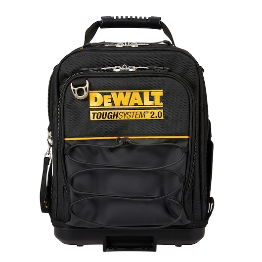 Black DEWALT ToughSystem 2.0 backpack with yellow logo and multiple zippered compartments.
