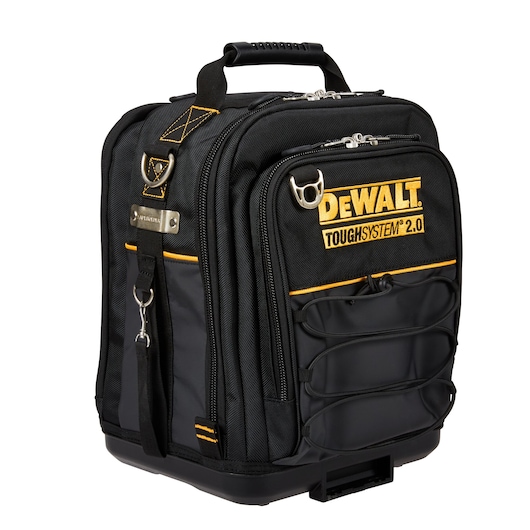 Black DEWALT ToughSystem 2.0 photography backpack with multiple pockets and sturdy handle.