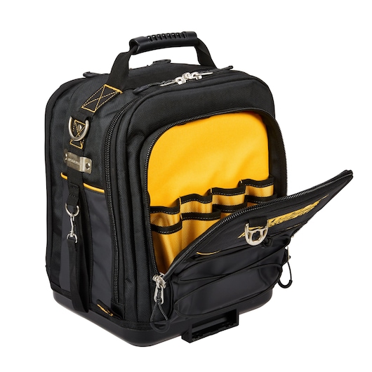 Black and yellow DEWALT backpack with front pocket open, showing internal storage slots and compartments.