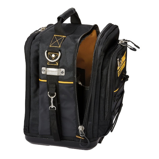 Black DEWALT tool bag with multiple compartments, zippers, and sturdy handle, partly open to show yellow interior.