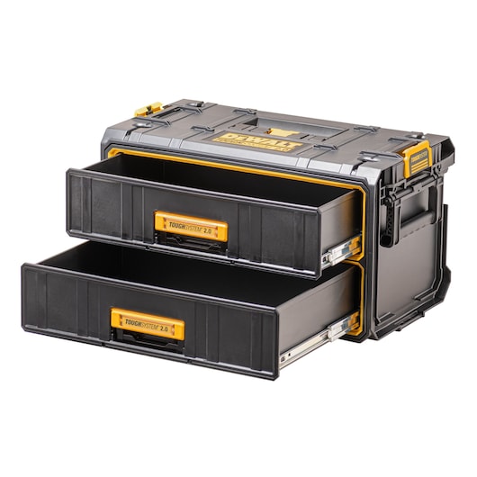 DEWALT photography drawer box, DWST83529-1 and DWST83529 SKUs, black and yellow, two pull-out drawers.