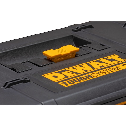 DEWALT ToughSystem photography case DWST83529-1, DWST83529 close-up with yellow latch and logo on lid.