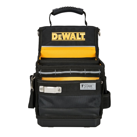 A DEWALT branded black and yellow tool bag with a top handle, multiple compartments, and a 'T STAK Compatible' label on the front.