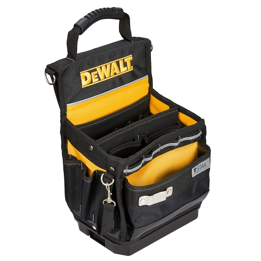 A DEWALT branded black and yellow tool organizer bag with multiple compartments, a sturdy handle on top, and a metal clip on the front. The bag is designed for storing and transporting tools and accessories.