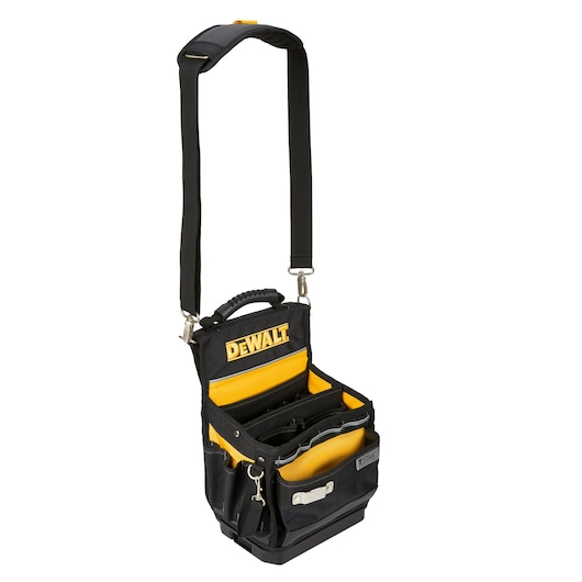 A DEWALT branded black and yellow tool bag with multiple compartments and an adjustable shoulder strap, designed for organizing and carrying tools.