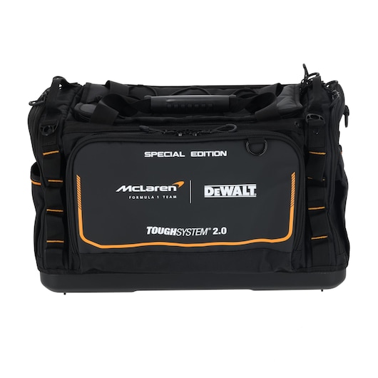 Black DEWALT and McLaren branded tool bag, ToughSystem 2.0 Special Edition, with orange accents and handle.