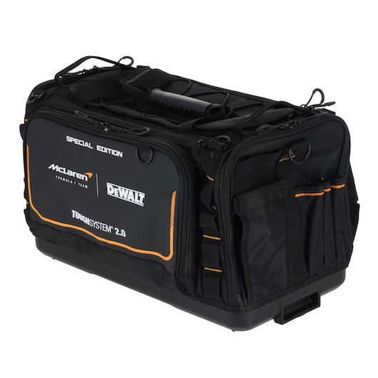Black DEWALT ToughSystem 2.0 tool bag, McLaren special edition with orange accents and multiple pockets.