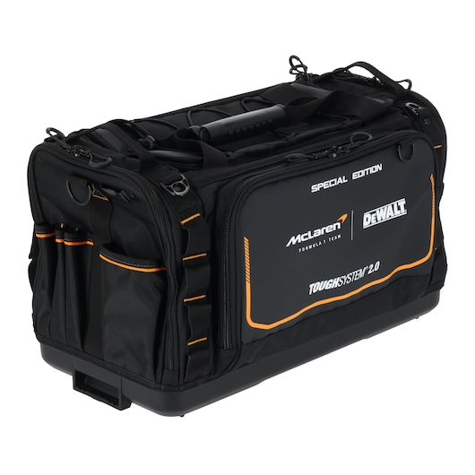 Black DEWALT and McLaren branded tool bag with multiple pockets, handle, and ToughSystem 2.0 label.