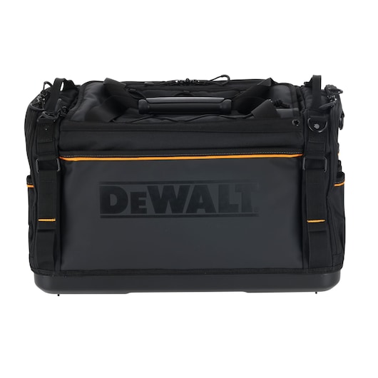 Black DEWALT tool bag with orange accents, front view, sturdy design with handle and shoulder strap.