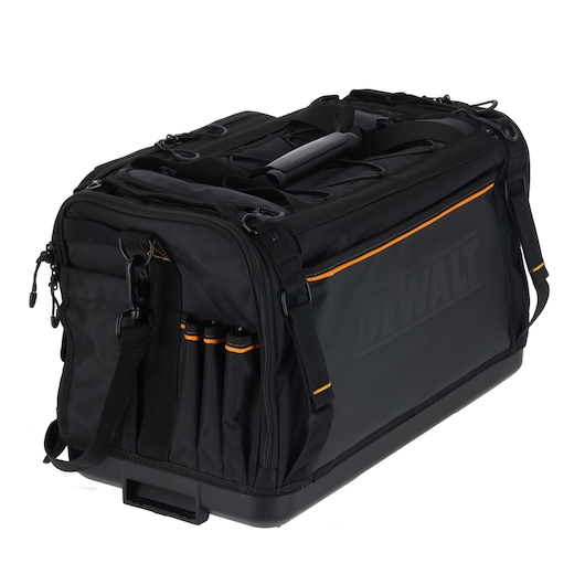 Black DEWALT tool bag with shoulder strap, orange trim, and exterior pockets on a white background.